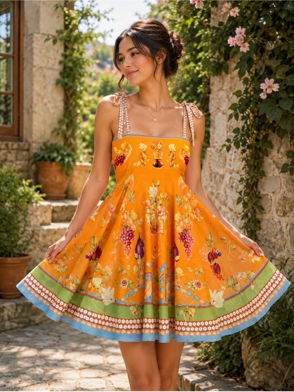 New Caroline Constas Orange Harvest Tie-Shoulder Mini Sundress M ( Alemais Rocco